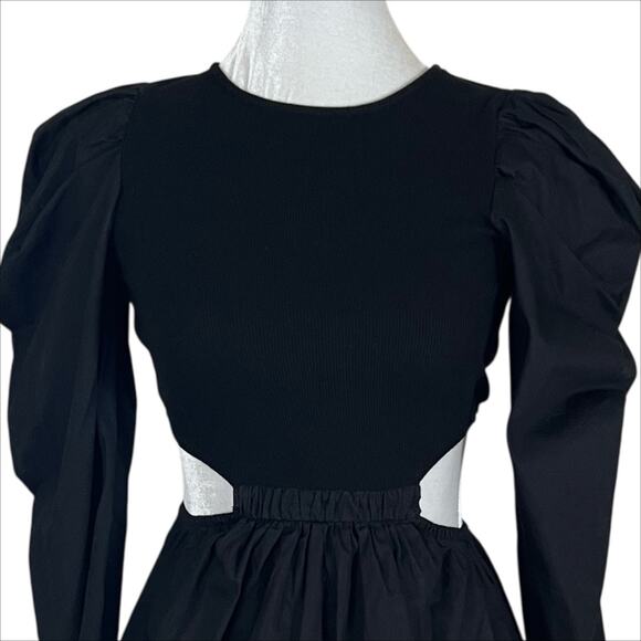 Zara Black Puff Sleeve Side Cut Out Bubble Skirt Mini Dress Size Medium - Picture 6 of 11